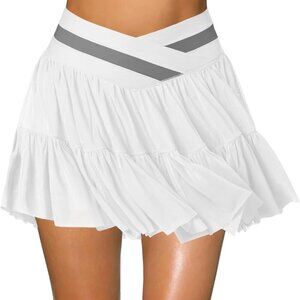 White Women's Mini Pleated Flowy Ruffle Tennis Skirt with Shorts Pockets
